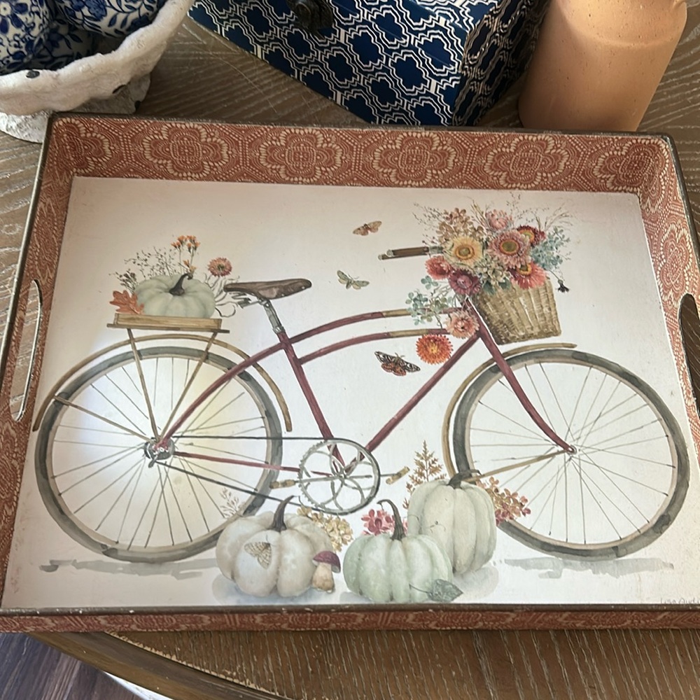 NEW! Fall Autumn Vintage Bicycle Rustic Galvanized Metal Serving Handle Tray